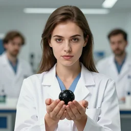 a portrait art of a beautiful female scientist holding a small black hole in her hands, inspired art by istvan sandorfi and greg rutkowski, concept art, stylised, elegant, sharp focus, morandi color scheme, illustration, high quality, highly detailed, long hair, digital art, futuristic art style, art station