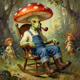 male mushroom alien sitting in a rocking chair, wearing overalls, smoking a pipe, full body, art by artgerm and greg rutkowski and alphonse mucha