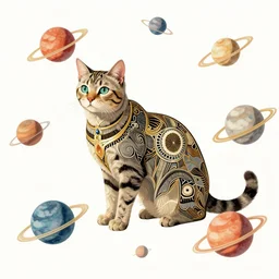 A cat with planets circulating around it, art deco design, by Mandy Jurgens and Warhol, Ernst Haeckel, James Jean, artstation, concept art
