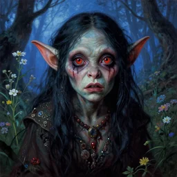 a pretty but sinister and creepy goblin in layers of fear, volumetric lighting, with haunted eyes, violence in her eyes, 1 9 7 0 s, seventies, delicate embellishments, a little blood, woodland, blue dawn light shining on wildflowers, painterly, offset printing technique, by walter popp, alexandre cabanel
