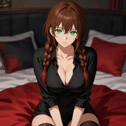 sexy girl with braided brown hair and green eyes, wearing a sexy shirt, sitting on her bed, black and red colors, highly detailed, in the style of and ilya kuvshinov and greg rutkowski, high quality anime artstyle, intricate
