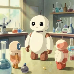 scientific lab to create cute androids, natural lighting, playful color scheme, intricate details, matte painting, illustration, by hayao miyazaki