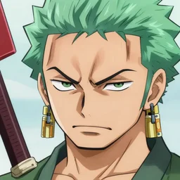 closeup head shot of Roronoa Zoro, Unreal Engine 5, strong cel shading, design by Eiichiro Oda, trending on Artstation