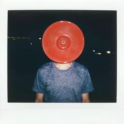 man with a red plastic disk in place of his head, spotted in san jose california circa may 1 9 8 3, polaroid photograph