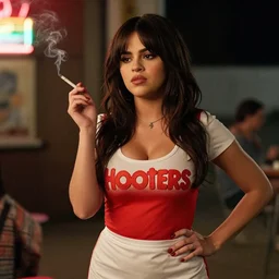 a candid, color cinema film still of a selena gomez as a waitress at hooters having a cigarette out back, cinematic lighting at night.