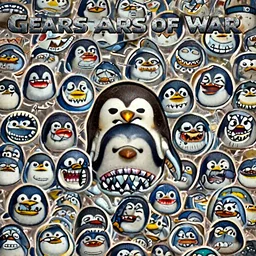 anthropomorphic Penguin with shark teeth in Gears of War cover art, ultra wide lens shot , tiny, small, short, cute and adorable, pretty, beautiful, DnD character art portrait, matte fantasy painting, eerie, DeviantArt Artstation, by Jason Felix by Steve Argyle by Tyler Jacobson by Peter Mohrbacher, cinematic lighting