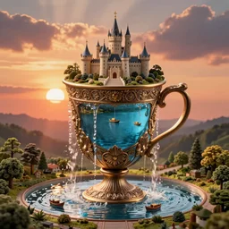 gediminas pranckevicius an immense gigantic ornated iron cup with a lake inside, water in excess droping by, boats, castle, sunset, volumetric light, godrays, diorama