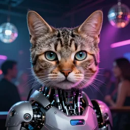 ultra detailed portrait of a futuristic cybernetic cyborg cat in a night club, by tom bagshaw and anna dittman, disco lights, perfect cat eyes and face, 3 5 mm lens, biomechanical robot, deep depth of field, artstation, 8 k