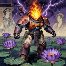 nymphaea waterlilys, warhammer, cyber japan style, more and more scars, thunderstorm, fire head, purple and yellow, highly detailed, artstation, in the style of moebius, jugendstil and classic japanese print, art by jean delville and rene magritte