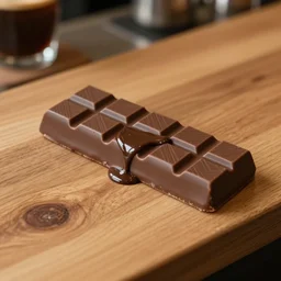 chocolate bar covered with fluid coffee on an oak surface in a bar, warm colors, hyperrealistic, high detail, professional photograph, top view, 8 k,