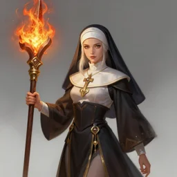 a highly detailed illustration of beautiful platinum blonde nun wielding giant flaming wooden lance, powerful wielding wooden lance pose, perfect face, intricate, elegant, highly detailed, centered, digital painting, artstation, concept art, smooth, sharp focus, league of legends concept art, wlop.