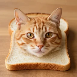 an orange cat's head on a loaf of bread