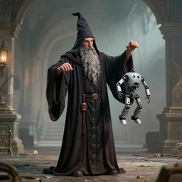 a robed wizard, puppeteering a robot, in the style of michael cheval