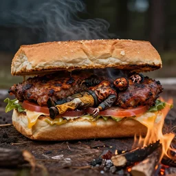 a giant smore sandwich by a campfire with a human being cooked, canon 5 d photorealistic horror