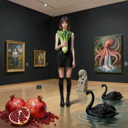 painting of flooded art gallery with paintings on black walls, a tall emo girls holding a courgette, nsw art gallery, long black boots, pomegranates, octopus, waterfall, stone sculpture, zen, black swans, berries, surrealist, by magritte and monet