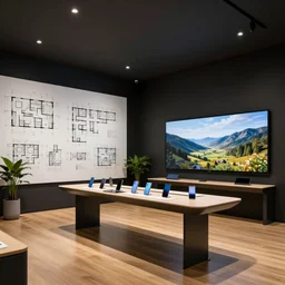 design plans, sketches, blueprints ( ( ( ( serious grounded balanced muted flagship samsung store, black walls. timber floor. low ceilings with spots. curved furniture, with large digital screen. display tables with phones and tablets, pots with plants, large digital screens on the walls ) ) ) )