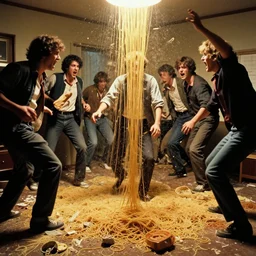 a riot breaking out as people try to escape a room full of spaghetti, anxiety, canon 5 0 mm, cinematic lighting, photography, retro, film, kodachrome
