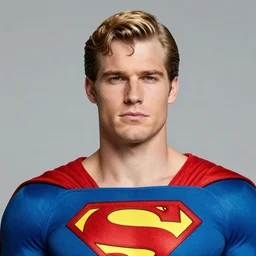 superman with a thin jaw line and a thin nose, he have blond hair and two sides hair