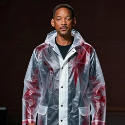 Will Smith in American Psycho wearing a transparent raincoat with dark red splashes of paint, 4k