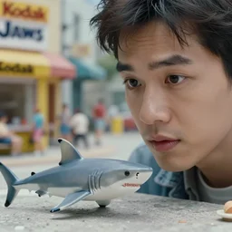beautiful hyperrealism three point perspective film still of shark chase scene in  kon-tiki meets Jaws(1988) extreme closeup portrait in style of 1990s frontiers in translucent porclein miniature street photography seinen manga fashion edition, miniature porcelain model, focus on face, eye contact, tilt shift style scene background, soft lighting, Kodak Portra 400, cinematic style, telephoto