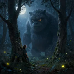 a small boy leaning on a tree encounters a giant furry one - eyed monster in a misty moonlit forest, painting by peter mohrbacher. surrounded by fireflies, cinematic lighting, cgsociety, artstation