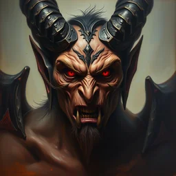 oil painting of a pit lord demon, in style of ivan aivazovsky, expressive face, detailed face, detailed eyes, full body, feminine face, tracer overwatch,