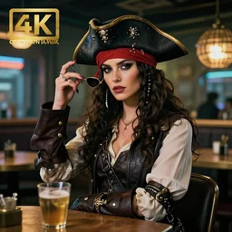a high quality portrait of a beautiful stunning pirate in a cyberpunk cyberpunk cyberpunk cafe, realism, 8k, award winning photo
