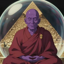 a film still portrait of a mauve old monk meditating inside a pyramid bubble in egypt. finely detailed features, closeup at the faces, chronenberg, perfect art, grimdark, trending on pixiv fanbox, painted by studio ghibli