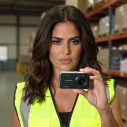 photo, close up, salma hayek in a hi vis vest, in warehouse, android cameraphone, 2 6 mm,