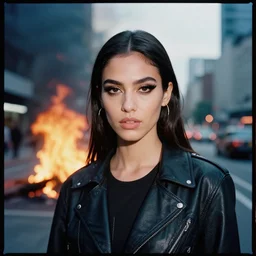 Cinestill 50d photograph of a city on fire, a techwear mixed woman wearing thick mascara and dark glitter makeup crying outside of a city on fire, tattoos, tilted frame, 4k, 8k, hd, full color