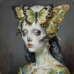 ceramic sharp focus extremely hyperrealistic horrifyingly beautiful 3 / 4 portrait oilpainting of bug lady of the skull butterfly portrait by michael hussar in style of michael hussar and rene lalique modern metropolitic artnouveau ceramic high - quality botanical effect gild strips like ali franco's paintings 8 k