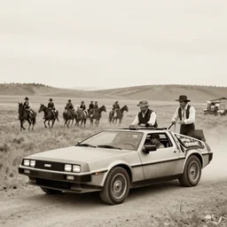 a monochromatic sepia photograph of a delorean traveling with pioneers on the oregon trail, trending on art station,
