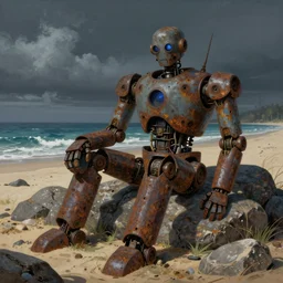 a very large rusting humanoid robot is sitting against some rocks on a deserted beach. ocean in the background. it's nighttime and the sky is cloudy. paining, futurism, detailed, illustrated,