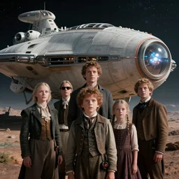 sharp, highly detailed, from a 2 0 1 9 sci fi 8 k movie, set in 1 8 5 0, a family standing in front of their spaceship that has just landed on an alien planet, wearing 1 8 5 0 s clothes, atmospheric lighting, in focus, reflective eyes, 3 5 mm macro lens, live action, nice composition