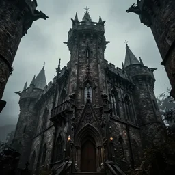 a dark, twisted take on a medieval castle, complete with gargoyles, dark woodwork, and a sense of foreboding.