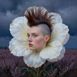 closeup, giant flower as head, mohawk, woman in heather field, surreal photography, starlight, storm clouds, impressionist painting, digital painting, artstation, simon stalenhag
