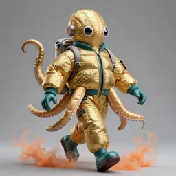 a single striding slender figurine of a tall giant inflated hazmat octopus wearing over sized gold teal puffy bomber jacket, long bendy arms and legs, googly eyes, tareme eyes, small head, personification, dynamic pose, detailed product photo, tone mapped, beautiful composition, orange mist swirling at feet, 8 5 mm, f 5. 8