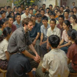 a beautiful 8 k photorealistic masterpiece oil painting, modest - looking man treating a large group of people, hyperrealism, 1 6 k, trending on artstation