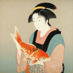 painting of a 1 8 th century japanese woman holding a koi fish, colorful, by goshun matsumura, by toyohiko okamoto, by keibun matsumura