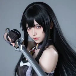 highly detailed beautiful anatsu kyoushitsu cosplay, warcore, dramatic pose, long black hair and fringe, upper body portrait, clear and perfect eyes, professional photography 8 k 3 5 mm, holding weapon, pixiv