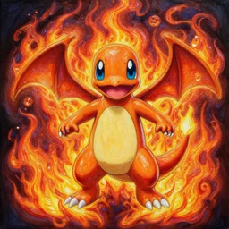 high intricate glimmering 3 d painting!!!!! of one charmander!!!!!!! surrounded by fire!!!, neil gaiman, ( ( alejandro mirabal ) ), ( ( cory loftis ) ), patryk stefaniak, rebecca hu!!, ben mauro, logan preshaw!!, trending on artstation