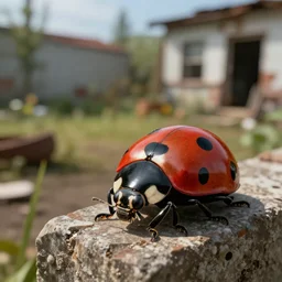 A ladybug in the foreground with a blurry abandoned garden in background, intricate details, unreal engine, cinematic, hd