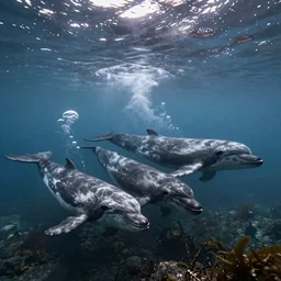 hyperrealistic underwater photography, panoramic picture of an ocean floor with in the distance some baluga whales. focus on the whales. the whales are anatomically correct and highly detailed. lots of bubbles. seaweed and some rocks. gloomy scattered light entering from the water surface, trending on artstation, hq, 8 k