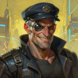 an intimate portrait of a gnarly human cyberpunk captain, old skin, faded trilby, charming, strong leader, metal eye piece, a look of cunning, big smile, detailed matte fantasy painting, golden cityscape, lasers, sparks, yellow and blue and cyan