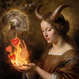 a closeup portrait of a horned women, casting hearts into a flame, in an eel nebula, golden hour, by jan van eyck
