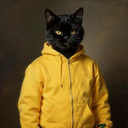 belligerent man wearing a cat costume with a yellow hoodie greg danton william adolphe bouguereau vasily surikov anton fadeev simon stalenhag