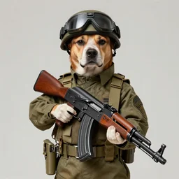 A dog wearing military clothing holding an AK-47, digital art, high quality, high detail - n 4