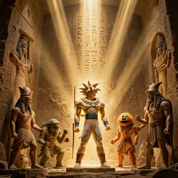 an 8 k hi res well lit dynamic volumetric lighting god rays 8 0 mm photo of hieroglyphics of zardoz and goku and orcs and jim henson and hercules greek and roman mythology marvel iceland vikings