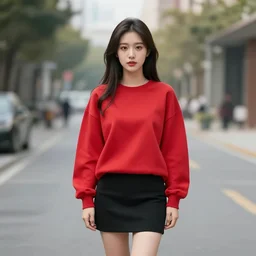 of photorealistic chinese canadian girl wearing a red sweatshirt and short black skirt