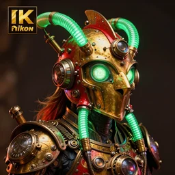 awardwinning portrait photo of a steampunk quetzalcoatl, wearing a glowing golden and red metallic steampunk helmet with green glowing tubes and shiny metallic devices, 3 d render, crisp, 8 k, fluorescent colors, insanely integrate, nikon photography